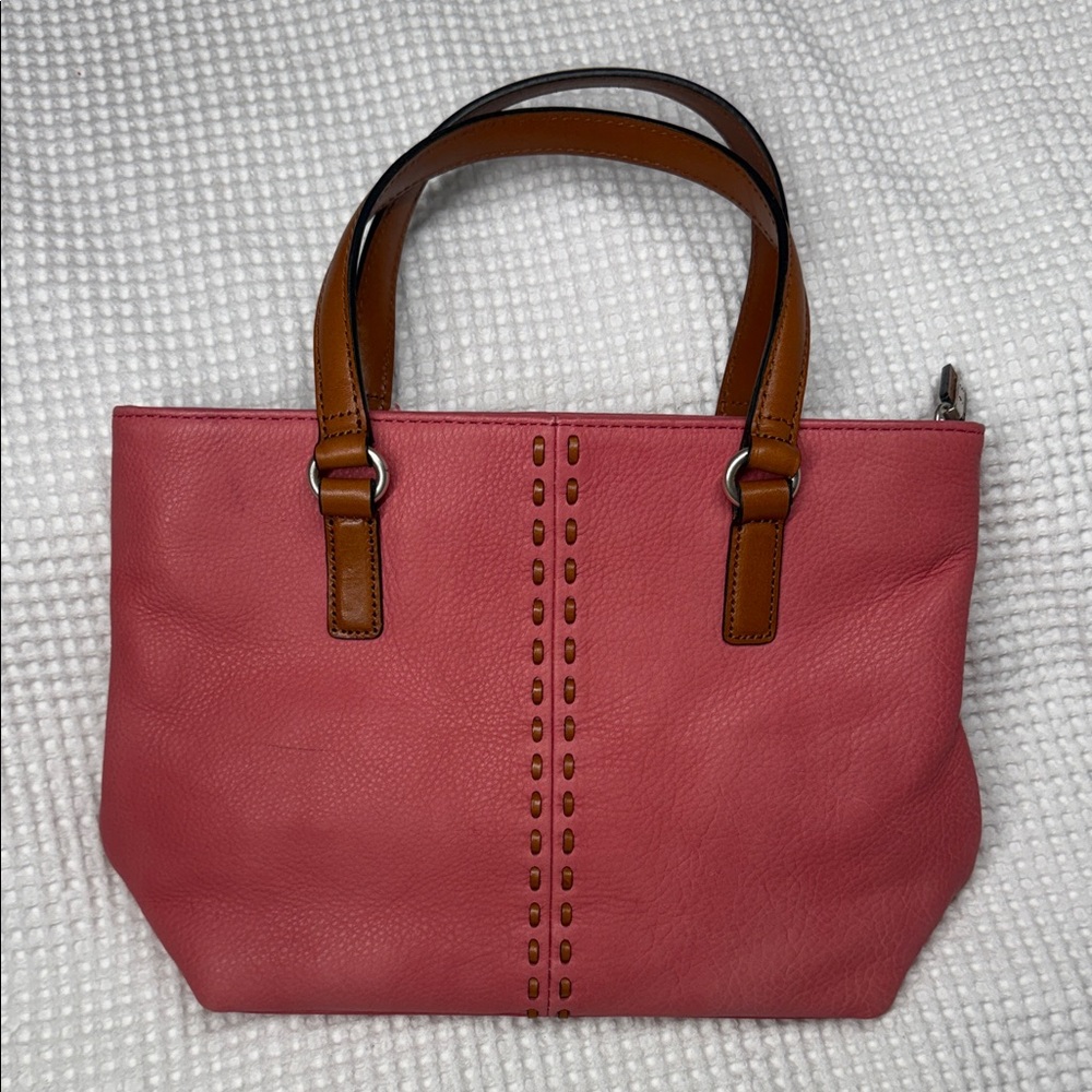 Small Pink Leather Fossil Tote Bag with Brown Handles -3.5 x 7.5 x 9